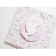 Biało-różowa kartka na Chrzest z gołębicą