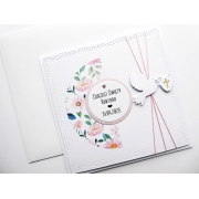 Skromna kartka na Chrzest handmade z różowymi kwiatami