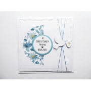 Kartka na Chrzest handmade gustowna z niebieskimi kwiatami