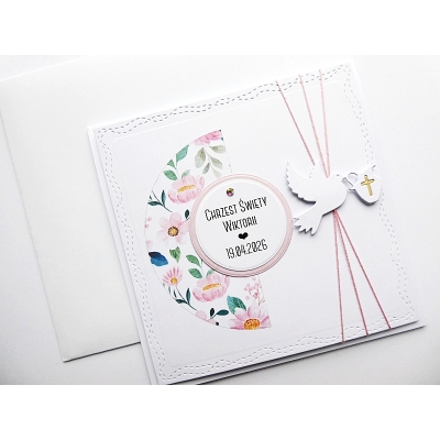 Skromna kartka na Chrzest handmade z różowymi kwiatami