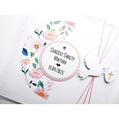 Skromna kartka na Chrzest handmade z różowymi kwiatami