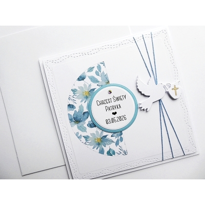 Gustowna kartka na Chrzest handmade z niebieskimi kwiatami