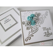 Srebrzysto-turkusowa kartka na ślub w pudełku