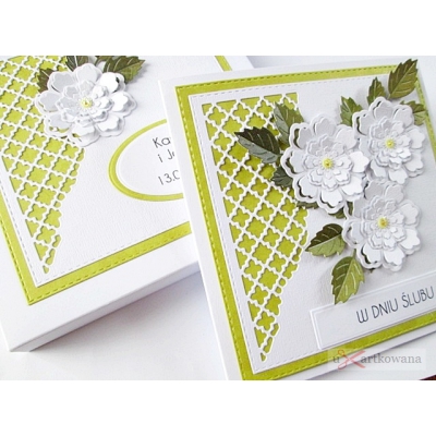 Limonkowo-biała kartka na ślub w pudełku