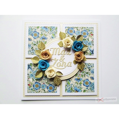 Kremowo-niebieska kartka ślubna z różami