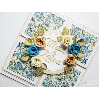 Kartka na ślub z kremowo-niebieskimi różami