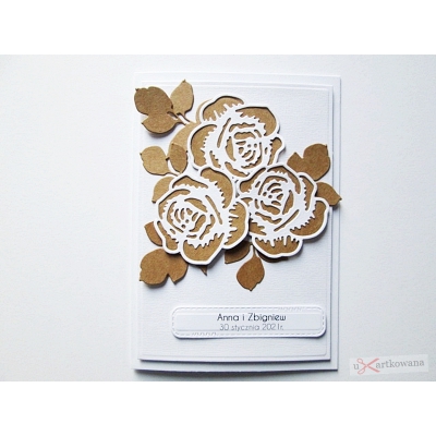 Biało-brązowa kartka na ślub z różami