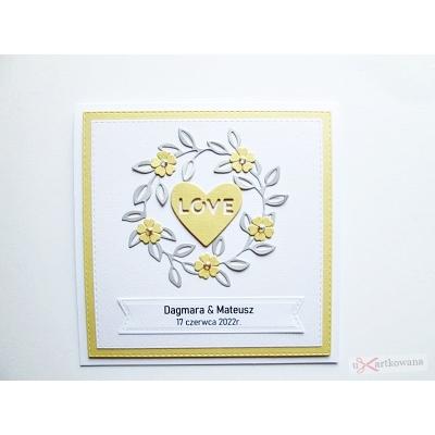 Żółto-szara kartka na ślub w ozdobionej kopercie